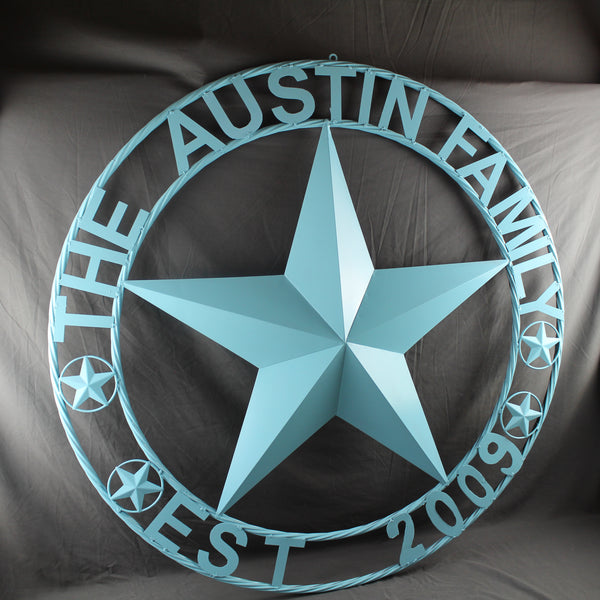 AUSTIN FAMILY STYLE YOUR CUSTOM FAMILY NAME STAR METAL BARN STAR ROPE RING WESTERN HOME DECOR TURQUOISE AQUA NEW HANDMADE 24",32",36",40",50"