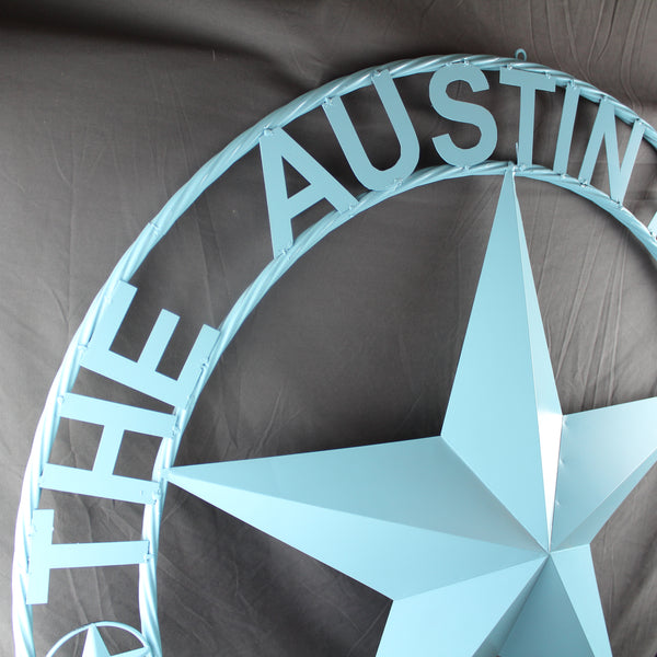 AUSTIN FAMILY STYLE YOUR CUSTOM FAMILY NAME STAR METAL BARN STAR ROPE RING WESTERN HOME DECOR TURQUOISE AQUA NEW HANDMADE 24",32",36",40",50"