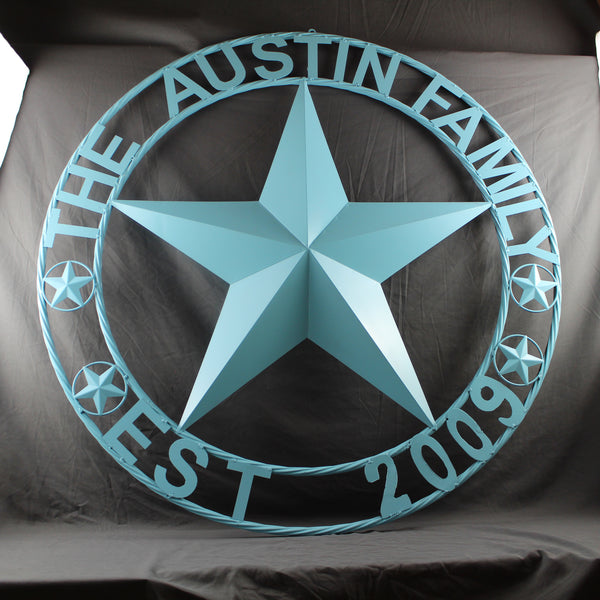 AUSTIN FAMILY STYLE YOUR CUSTOM FAMILY NAME STAR METAL BARN STAR ROPE RING WESTERN HOME DECOR TURQUOISE AQUA NEW HANDMADE 24",32",36",40",50"