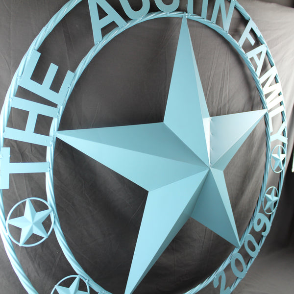 AUSTIN FAMILY STYLE YOUR CUSTOM FAMILY NAME STAR METAL BARN STAR ROPE RING WESTERN HOME DECOR TURQUOISE AQUA NEW HANDMADE 24",32",36",40",50"