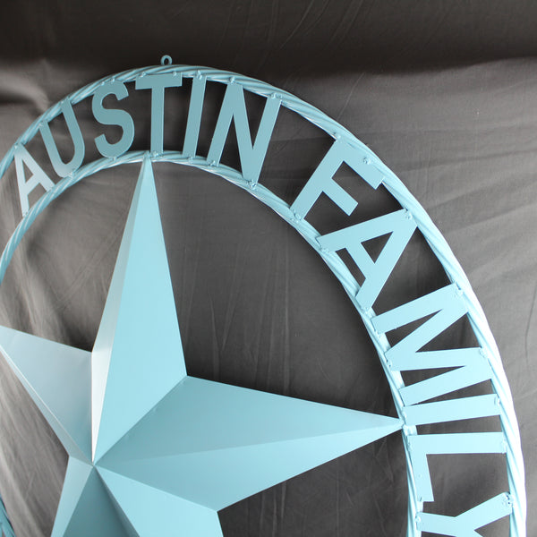AUSTIN FAMILY STYLE YOUR CUSTOM FAMILY NAME STAR METAL BARN STAR ROPE RING WESTERN HOME DECOR TURQUOISE AQUA NEW HANDMADE 24",32",36",40",50"