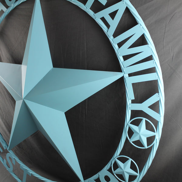 AUSTIN FAMILY STYLE YOUR CUSTOM FAMILY NAME STAR METAL BARN STAR ROPE RING WESTERN HOME DECOR TURQUOISE AQUA NEW HANDMADE 24",32",36",40",50"