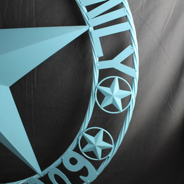 AUSTIN FAMILY STYLE YOUR CUSTOM FAMILY NAME STAR METAL BARN STAR ROPE RING WESTERN HOME DECOR TURQUOISE AQUA NEW HANDMADE 24",32",36",40",50"