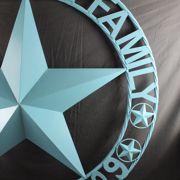 AUSTIN FAMILY STYLE YOUR CUSTOM FAMILY NAME STAR METAL BARN STAR ROPE RING WESTERN HOME DECOR TURQUOISE AQUA NEW HANDMADE 24",32",36",40",50"