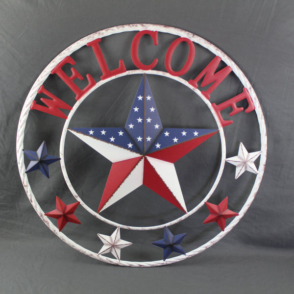 24" WELCOME USA FLAG BARN METAL FLAT STAR 2D FLAT PLAIN RED WHITE BLUE WESTER HOME DECOR HANDMADE NEW #EH12311