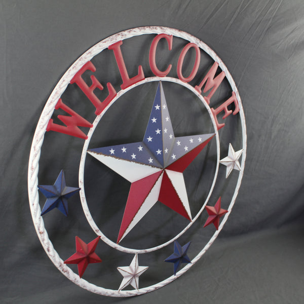 24" WELCOME USA FLAG BARN METAL FLAT STAR 2D FLAT PLAIN RED WHITE BLUE WESTER HOME DECOR HANDMADE NEW #EH12311