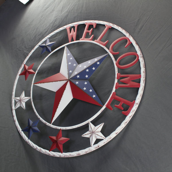24" WELCOME USA FLAG BARN METAL FLAT STAR 2D FLAT PLAIN RED WHITE BLUE WESTER HOME DECOR HANDMADE NEW #EH12311