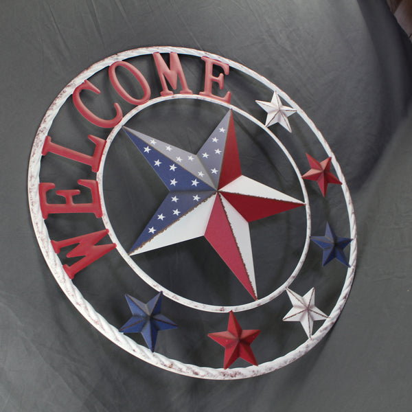 24" WELCOME USA FLAG BARN METAL FLAT STAR 2D FLAT PLAIN RED WHITE BLUE WESTER HOME DECOR HANDMADE NEW #EH12311