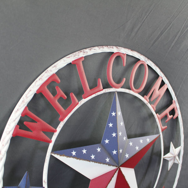 24" WELCOME USA FLAG BARN METAL FLAT STAR 2D FLAT PLAIN RED WHITE BLUE WESTER HOME DECOR HANDMADE NEW #EH12311