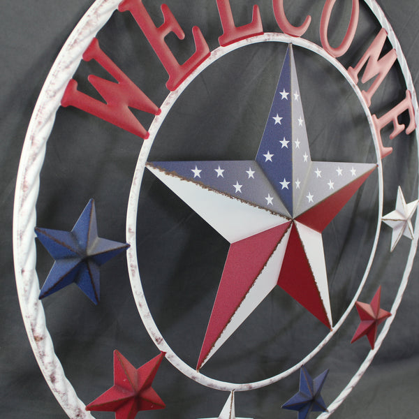 24" WELCOME USA FLAG BARN METAL FLAT STAR 2D FLAT PLAIN RED WHITE BLUE WESTER HOME DECOR HANDMADE NEW #EH12311