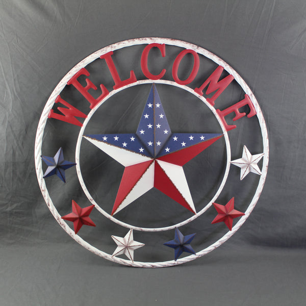 24" WELCOME USA FLAG BARN METAL FLAT STAR 2D FLAT PLAIN RED WHITE BLUE WESTER HOME DECOR HANDMADE NEW #EH12311