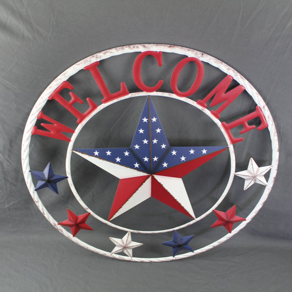 24" WELCOME USA FLAG BARN METAL FLAT STAR 2D FLAT PLAIN RED WHITE BLUE WESTER HOME DECOR HANDMADE NEW #EH12311
