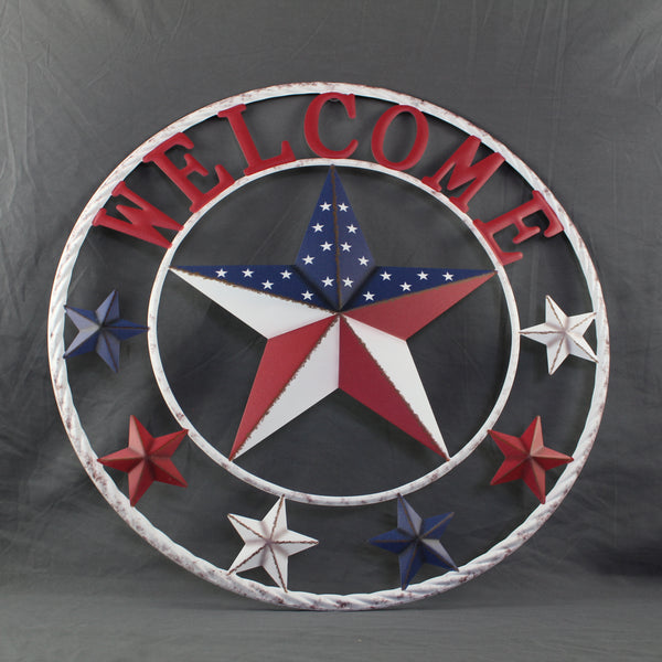 24" WELCOME USA FLAG BARN METAL FLAT STAR 2D FLAT PLAIN RED WHITE BLUE WESTER HOME DECOR HANDMADE NEW #EH12311