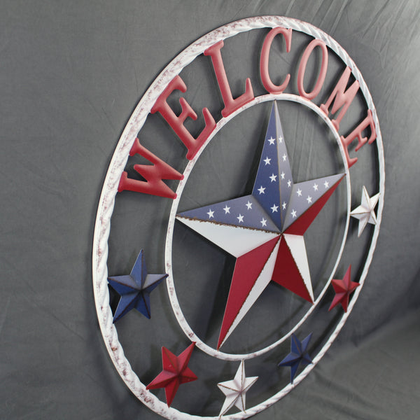 24" WELCOME USA FLAG BARN METAL FLAT STAR 2D FLAT PLAIN RED WHITE BLUE WESTER HOME DECOR HANDMADE NEW #EH12311