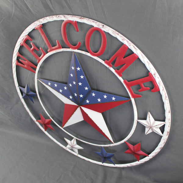 24" WELCOME USA FLAG BARN METAL FLAT STAR 2D FLAT PLAIN RED WHITE BLUE WESTER HOME DECOR HANDMADE NEW #EH12311