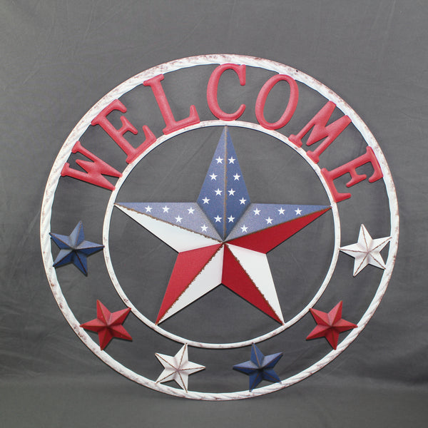 24" WELCOME USA FLAG BARN METAL FLAT STAR 2D FLAT PLAIN RED WHITE BLUE WESTER HOME DECOR HANDMADE NEW #EH12311