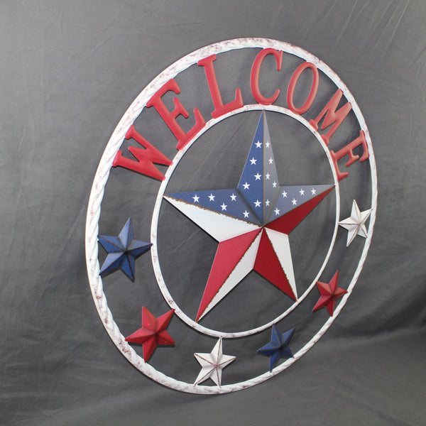 24" WELCOME USA FLAG BARN METAL FLAT STAR 2D FLAT PLAIN RED WHITE BLUE WESTER HOME DECOR HANDMADE NEW #EH12311