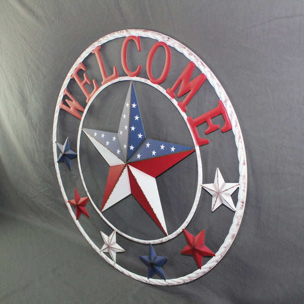 24" WELCOME USA FLAG BARN METAL FLAT STAR 2D FLAT PLAIN RED WHITE BLUE WESTER HOME DECOR HANDMADE NEW #EH12311