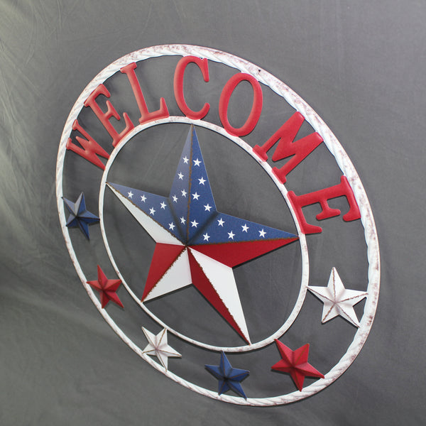 24" WELCOME USA FLAG BARN METAL FLAT STAR 2D FLAT PLAIN RED WHITE BLUE WESTER HOME DECOR HANDMADE NEW #EH12311