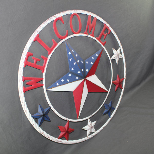 24" WELCOME USA FLAG BARN METAL FLAT STAR 2D FLAT PLAIN RED WHITE BLUE WESTER HOME DECOR HANDMADE NEW #EH12311
