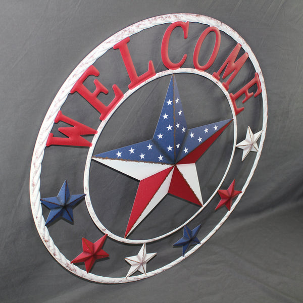 24" WELCOME USA FLAG BARN METAL FLAT STAR 2D FLAT PLAIN RED WHITE BLUE WESTER HOME DECOR HANDMADE NEW #EH12311
