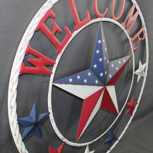 24" WELCOME USA FLAG BARN METAL FLAT STAR 2D FLAT PLAIN RED WHITE BLUE WESTER HOME DECOR HANDMADE NEW #EH12311