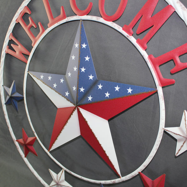 24" WELCOME USA FLAG BARN METAL FLAT STAR 2D FLAT PLAIN RED WHITE BLUE WESTER HOME DECOR HANDMADE NEW #EH12311