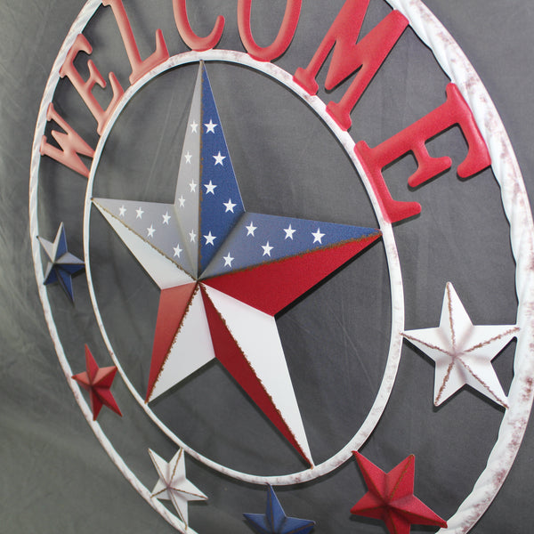24" WELCOME USA FLAG BARN METAL FLAT STAR 2D FLAT PLAIN RED WHITE BLUE WESTER HOME DECOR HANDMADE NEW #EH12311