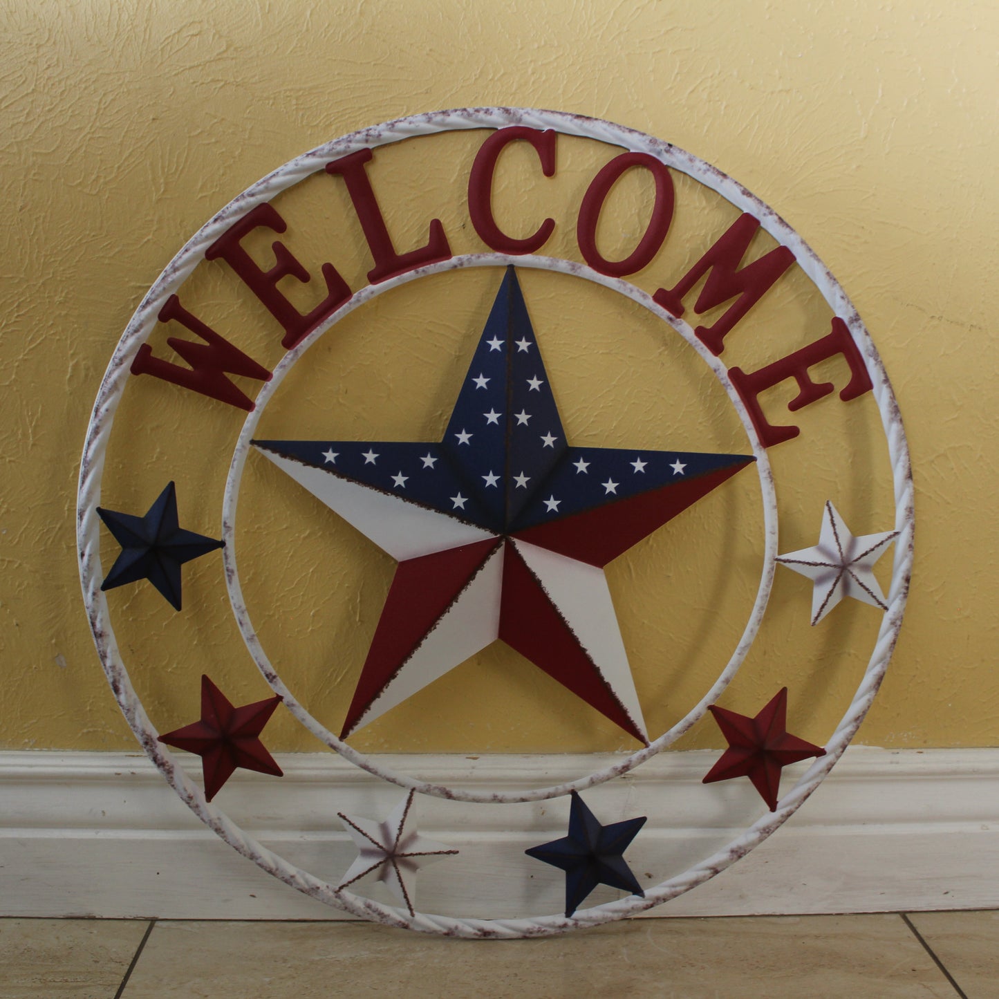 24" WELCOME USA FLAG BARN METAL FLAT STAR 2D FLAT PLAIN RED WHITE BLUE WESTER HOME DECOR HANDMADE NEW #EH12311
