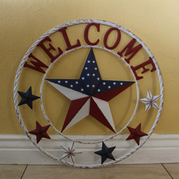 24" WELCOME USA FLAG BARN METAL FLAT STAR 2D FLAT PLAIN RED WHITE BLUE WESTER HOME DECOR HANDMADE NEW #EH12311