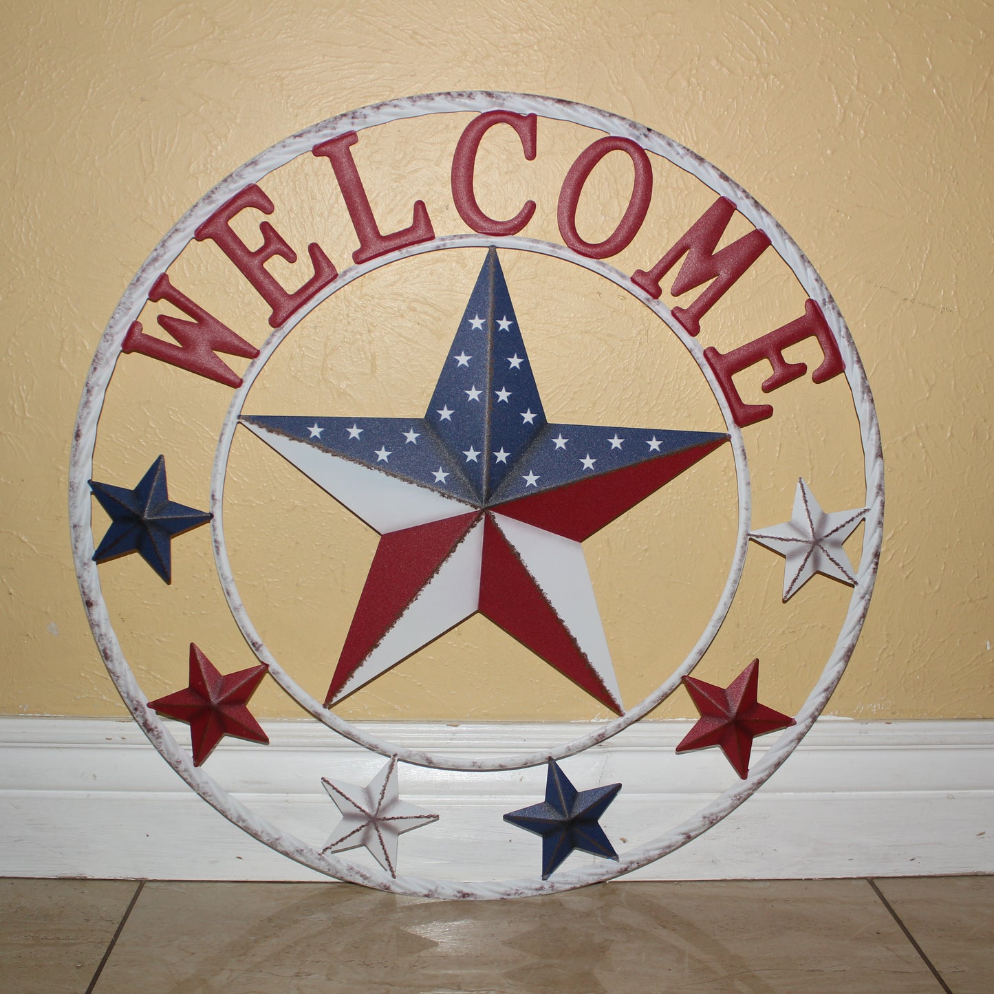 24" WELCOME USA FLAG BARN METAL FLAT STAR 2D FLAT PLAIN RED WHITE BLUE WESTER HOME DECOR HANDMADE NEW #EH12311