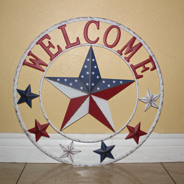 24" WELCOME USA FLAG BARN METAL FLAT STAR 2D FLAT PLAIN RED WHITE BLUE WESTER HOME DECOR HANDMADE NEW #EH12311
