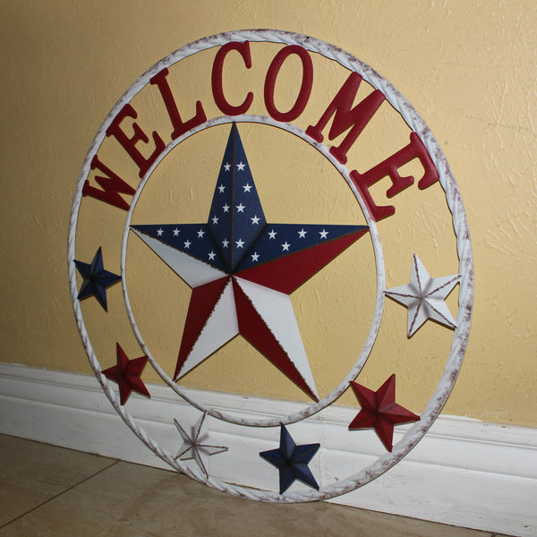 24" WELCOME USA FLAG BARN METAL FLAT STAR 2D FLAT PLAIN RED WHITE BLUE WESTER HOME DECOR HANDMADE NEW #EH12311