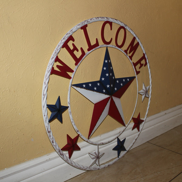 24" WELCOME USA FLAG BARN METAL FLAT STAR 2D FLAT PLAIN RED WHITE BLUE WESTER HOME DECOR HANDMADE NEW #EH12311