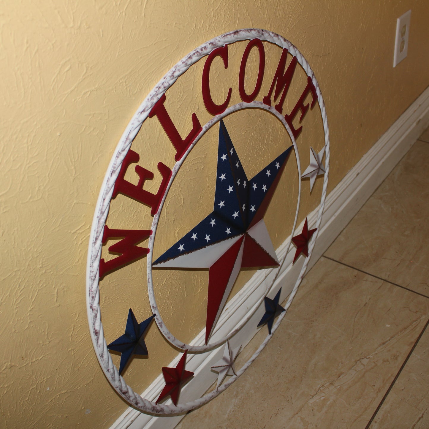 24" WELCOME USA FLAG BARN METAL FLAT STAR 2D FLAT PLAIN RED WHITE BLUE WESTER HOME DECOR HANDMADE NEW #EH12311