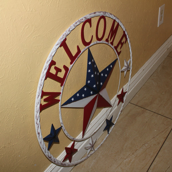 24" WELCOME USA FLAG BARN METAL FLAT STAR 2D FLAT PLAIN RED WHITE BLUE WESTER HOME DECOR HANDMADE NEW #EH12311