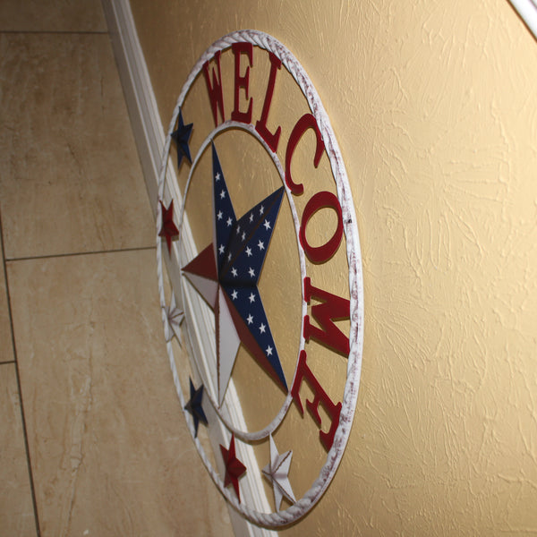 24" WELCOME USA FLAG BARN METAL FLAT STAR 2D FLAT PLAIN RED WHITE BLUE WESTER HOME DECOR HANDMADE NEW #EH12311