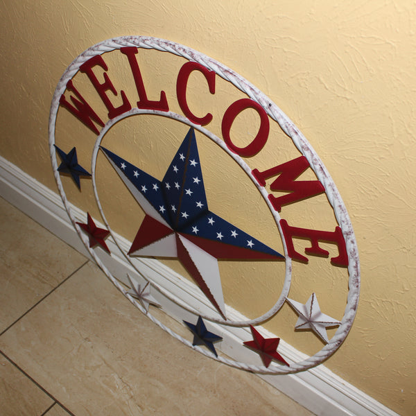24" WELCOME USA FLAG BARN METAL FLAT STAR 2D FLAT PLAIN RED WHITE BLUE WESTER HOME DECOR HANDMADE NEW #EH12311