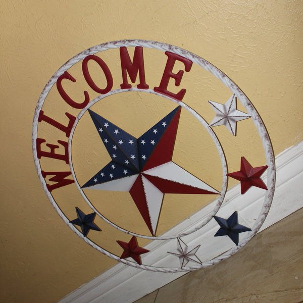 24" WELCOME USA FLAG BARN METAL FLAT STAR 2D FLAT PLAIN RED WHITE BLUE WESTER HOME DECOR HANDMADE NEW #EH12311