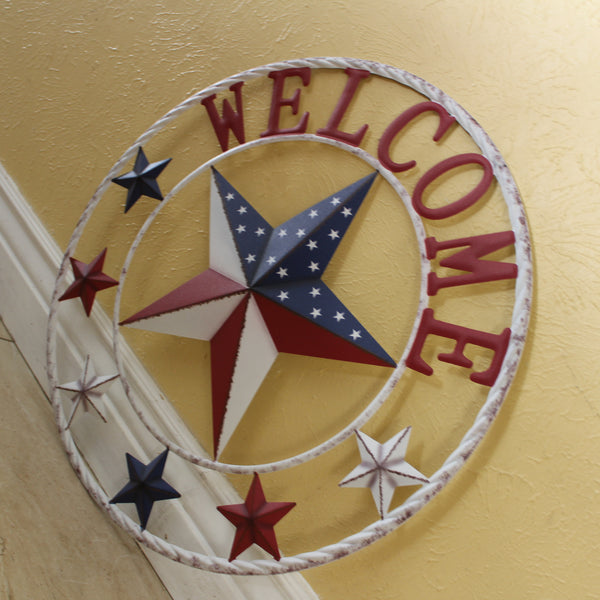 24" WELCOME USA FLAG BARN METAL FLAT STAR 2D FLAT PLAIN RED WHITE BLUE WESTER HOME DECOR HANDMADE NEW #EH12311