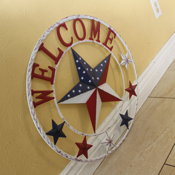 24" WELCOME USA FLAG BARN METAL FLAT STAR 2D FLAT PLAIN RED WHITE BLUE WESTER HOME DECOR HANDMADE NEW #EH12311