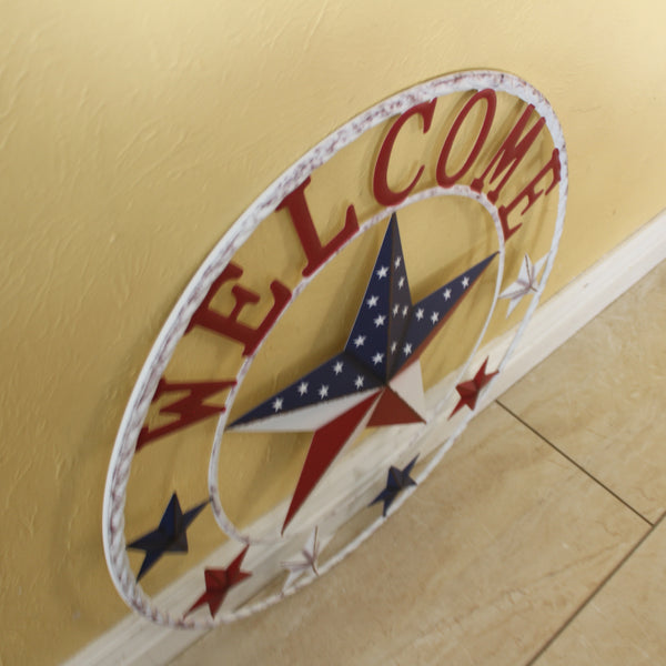 24" WELCOME USA FLAG BARN METAL FLAT STAR 2D FLAT PLAIN RED WHITE BLUE WESTER HOME DECOR HANDMADE NEW #EH12311