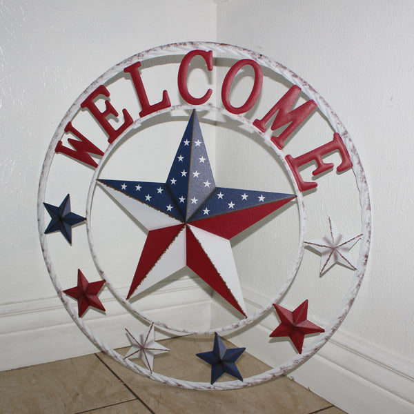 24" WELCOME USA FLAG BARN METAL FLAT STAR 2D FLAT PLAIN RED WHITE BLUE WESTER HOME DECOR HANDMADE NEW #EH12311