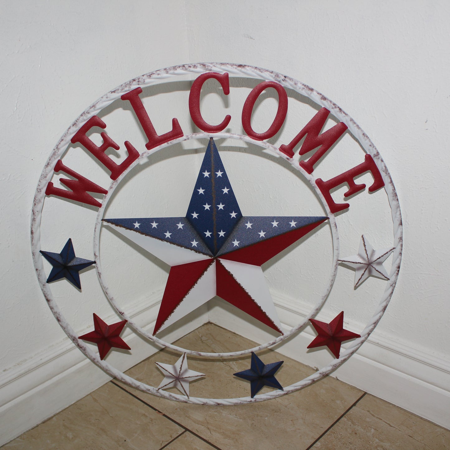 24" WELCOME USA FLAG BARN METAL FLAT STAR 2D FLAT PLAIN RED WHITE BLUE WESTER HOME DECOR HANDMADE NEW #EH12311