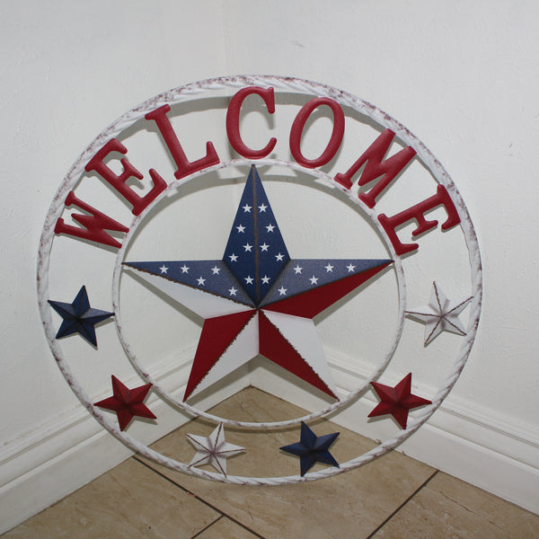 24" WELCOME USA FLAG BARN METAL FLAT STAR 2D FLAT PLAIN RED WHITE BLUE WESTER HOME DECOR HANDMADE NEW #EH12311