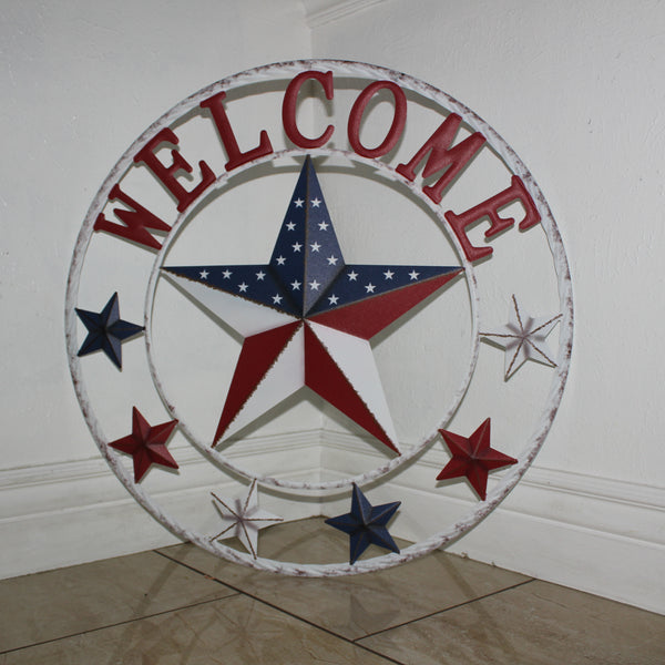 24" WELCOME USA FLAG BARN METAL FLAT STAR 2D FLAT PLAIN RED WHITE BLUE WESTER HOME DECOR HANDMADE NEW #EH12311