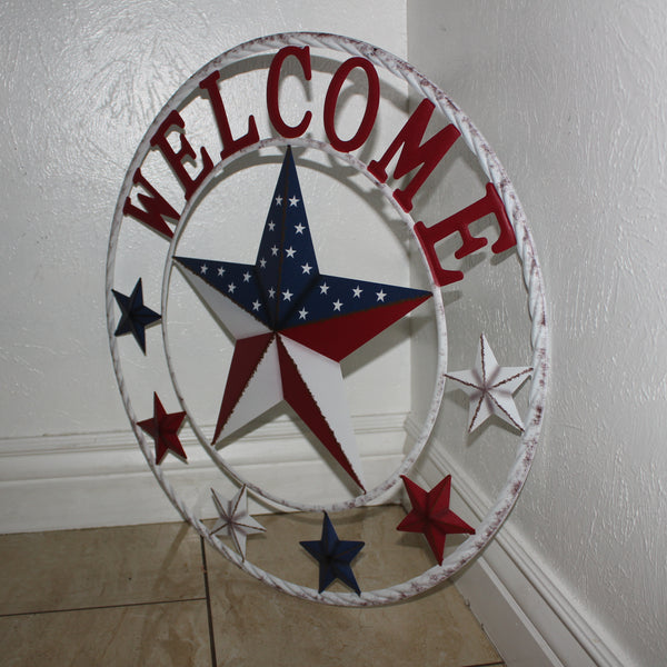 24" WELCOME USA FLAG BARN METAL FLAT STAR 2D FLAT PLAIN RED WHITE BLUE WESTER HOME DECOR HANDMADE NEW #EH12311