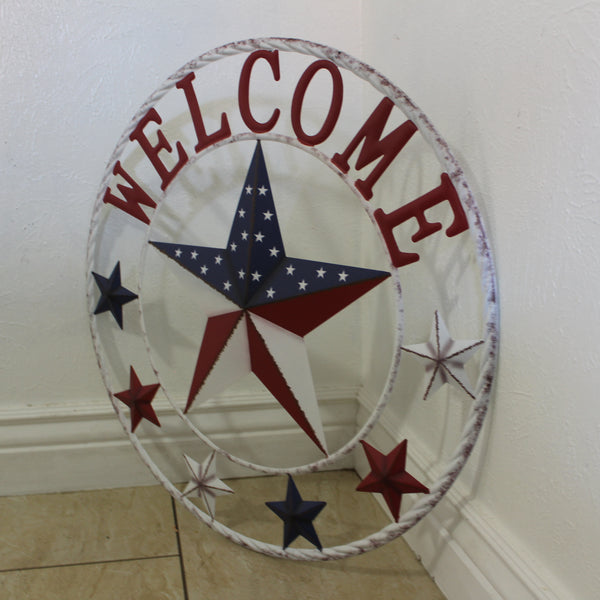 24" WELCOME USA FLAG BARN METAL FLAT STAR 2D FLAT PLAIN RED WHITE BLUE WESTER HOME DECOR HANDMADE NEW #EH12311