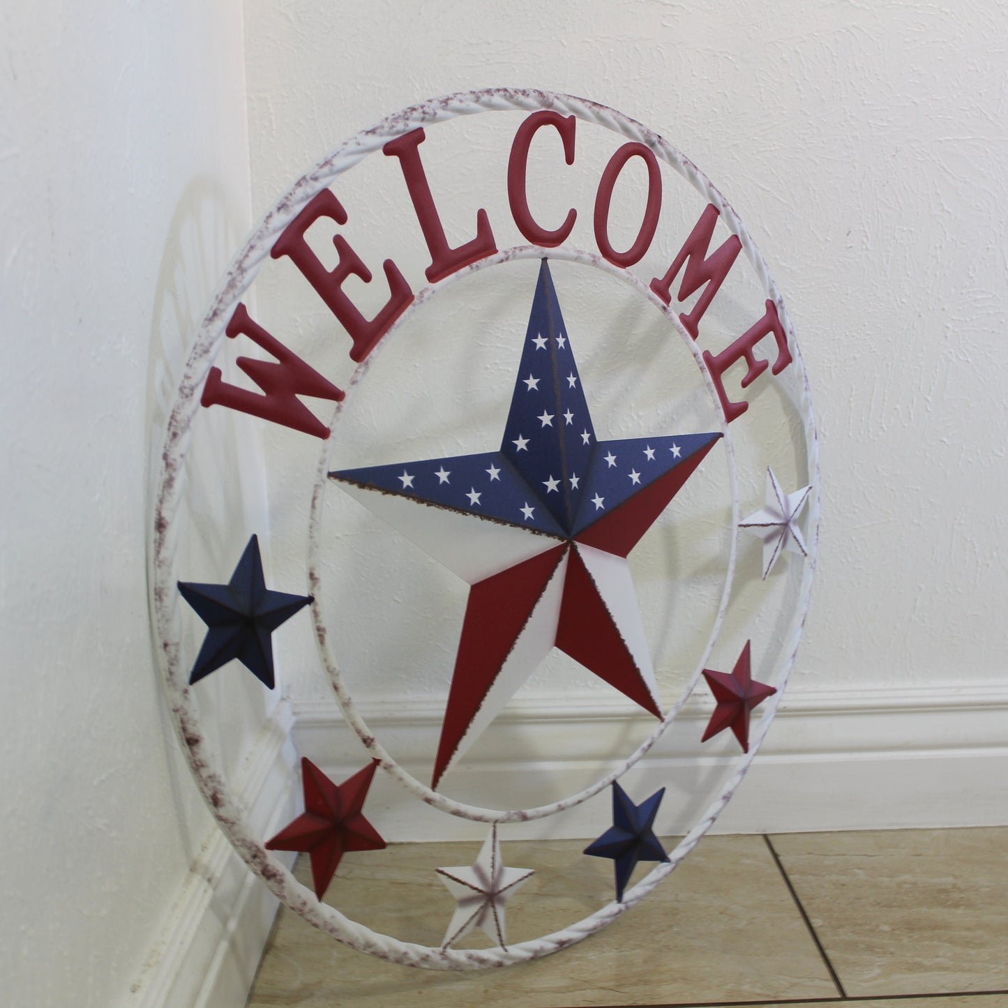 24" WELCOME USA FLAG BARN METAL FLAT STAR 2D FLAT PLAIN RED WHITE BLUE WESTER HOME DECOR HANDMADE NEW #EH12311