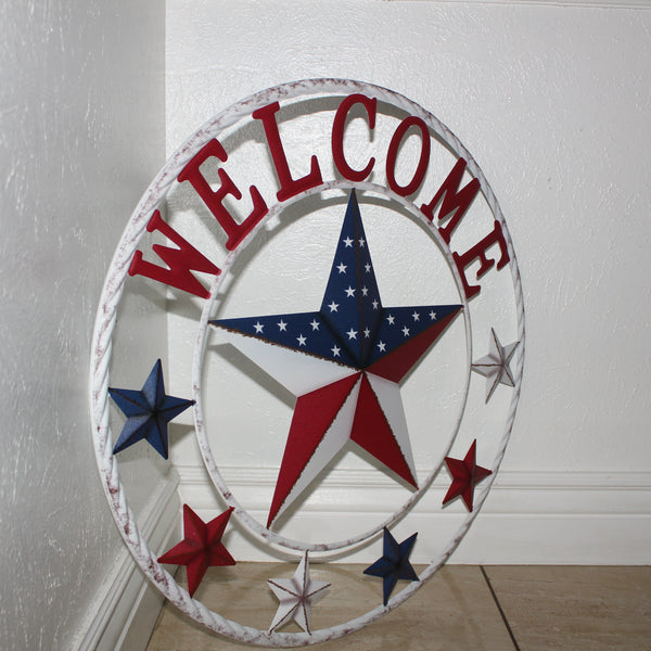 24" WELCOME USA FLAG BARN METAL FLAT STAR 2D FLAT PLAIN RED WHITE BLUE WESTER HOME DECOR HANDMADE NEW #EH12311